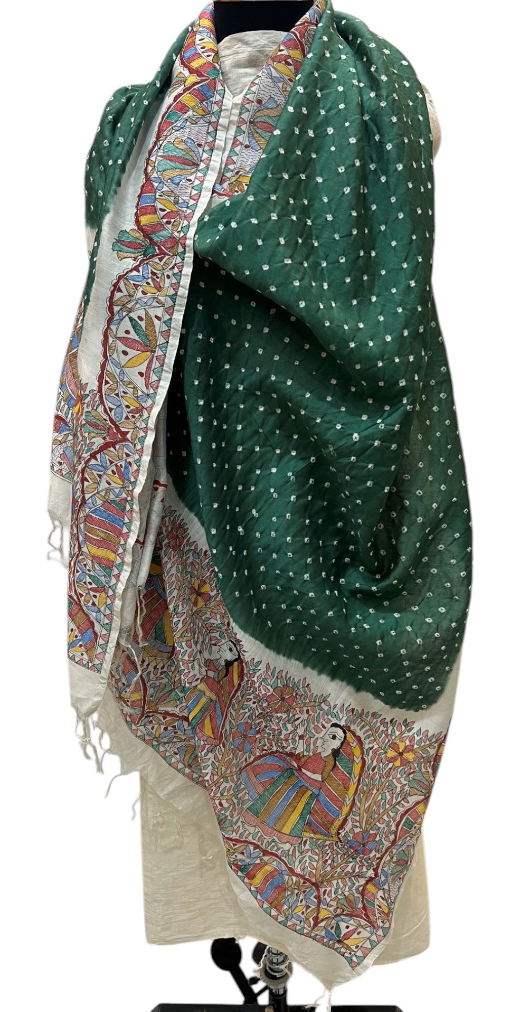 Hand-Painted Madhubani Bandhani Dupatta in Green